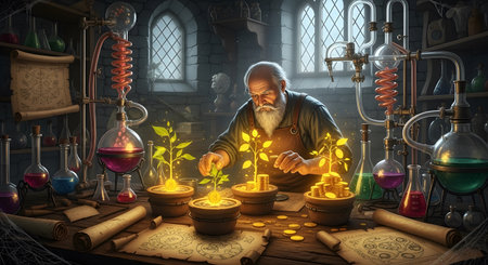 Ancient transmutation laboratory mysterious experimentation old scientist alchemy symbols glowing plants golden coins medieval settingの素材