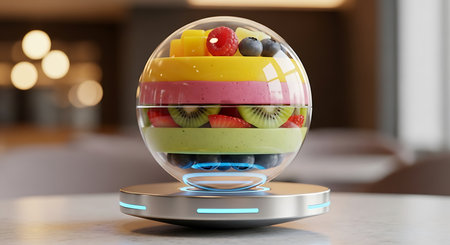 Modern spherical dessert display; layers of fresh fruits; creamy smoothies; illuminated pedestal; future food concept.の素材