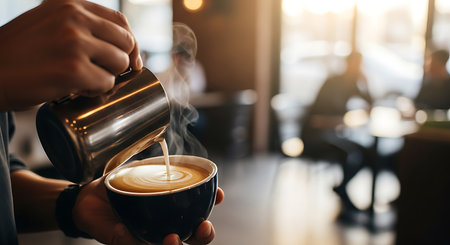 Skilled barista pours steaming milk coffee cup creating latte art warm sunny cafe interiorの素材
