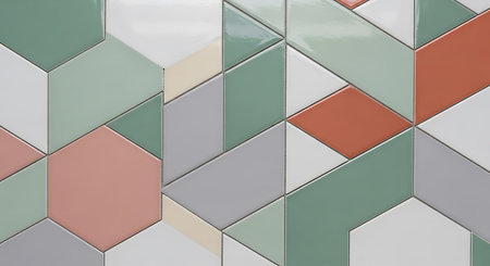 Geometric pattern on wall with pastel colored tiles. Abstract design with various shapes. Modern interior decoration.の素材