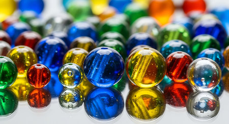 Colorful glass marbles reflecting on shiny white surface. Variety of bright spherical toys. Close up vibrant round objects.の素材