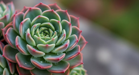 Vibrant succulent close up with dew drops. Echeveria plant in garden. Natural organic growth background.の素材