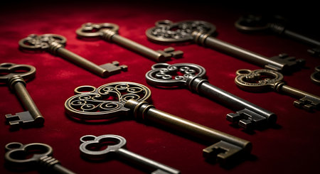 Antique skeleton keys. Ornate design on red velvet. Historical artifacts collection. Dramatic lighting display.の素材