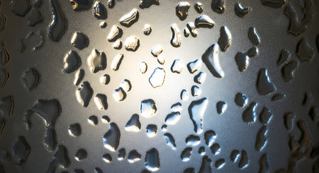 Wet water drops. Dark metallic surface. Reflective shimmering background.の素材