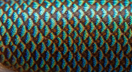 Iridescent fish scales. Vibrant blue green pattern. Wet aquatic texture.の素材