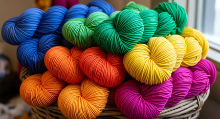 Variety of bright yarn skeins; Rainbow colored craft supplies; Knitting and crocheting threads.の素材