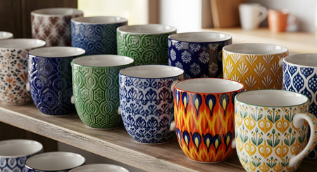 Colorful ceramic mugs. Unique patterns display. Vibrant tableware collection. Designed pottery art. Wooden shelf decor.の素材