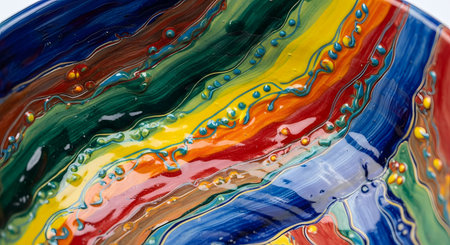 Vibrant rainbow colors painted ceramic bowl. Abstract artwork with wavy lines.の素材