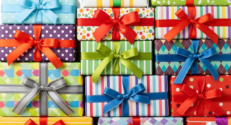 Stack of various wrapped presents with colorful ribbons and bows. Gift boxes for special occasions, celebration, generosity concept.の素材