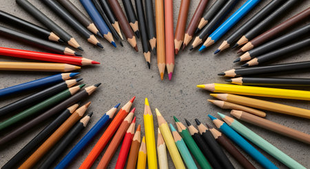 Heart shaped arrangement of assorted colored pencils. Creative art supplies for drawing and coloring. Education stationery concept.の素材