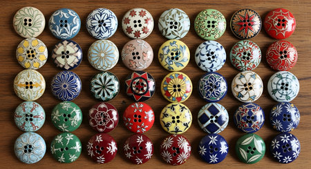 Decorative round buttons collection. Intricate patterns various colors. Sewing supplies crafting items wooden backgroundの素材