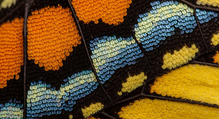 Butterfly wing scales macro view, vibrant orange blue yellow hues, natural patternsの素材