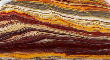 Polished jasper gemstone macro. Earth tones rock texture. Natural mineral layers and patterns. Gemstone surface with striped design.の素材