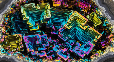 Colorful bismuth crystals in rainbow iridescent hues. Intricate stair stepped geometric formation vibrant mineral.の素材