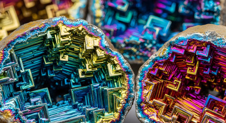 Bismuth crystal formation. Iridescent colors. Intricate stair stepped growth. Abstract close up. Mineral specimen geode.の素材