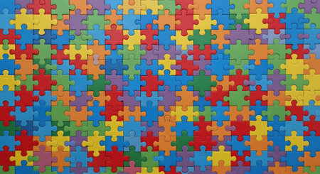 Colorful jigsaw puzzle pieces, complete picture, diverse interlocking shapesの素材