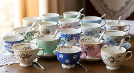 Decorated vintage teacups. Floral patterns. Spoons. Wooden table. Afternoon tea.の素材