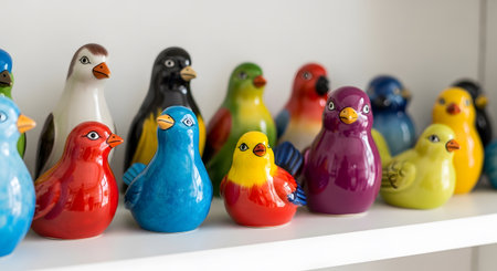 Ceramic bird figurines. Colorful art objects. Home interior display. Decorative shelf.の素材