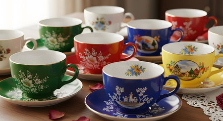 Elegant colorful vintage tea cups. Floral pattern porcelain tableware. Saucers wooden table.の素材