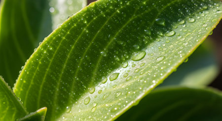 Green leaf closeup water droplets. Fresh plant surface texture. Natural organic garden foliage dew.の素材
