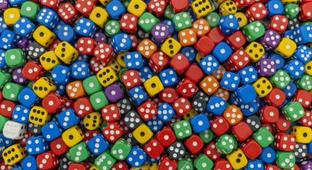 Multicolored gaming dice assortment. Casino and tabletop game accessories. Chance luck and strategic play.の素材
