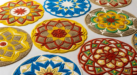 Vibrant circular sand art designs. Intricate patterns colorful grains. Decorative shapes white surface.の素材