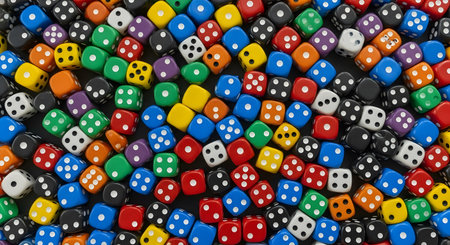 Abundant colorful dice collection. Multicolored gaming cubes. Random arrangement game pieces.の素材