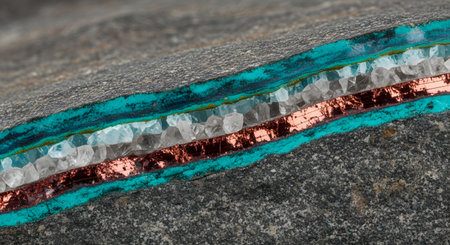 Geological cross section: layered minerals, copper crystals, turquoise, rock formationsの素材