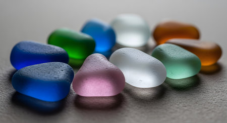 Various colored sea glass, neutral textured surface, beautiful natural frosted appearanceの素材