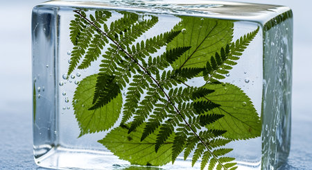 Green fern leaves, foliage encapsulated, clear ice cube, stunning contrast transparent blockの素材