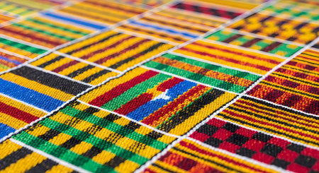 Vibrant Kente cloth fabric. Intricate striped geometric patterns. Traditional African textile close up.の素材