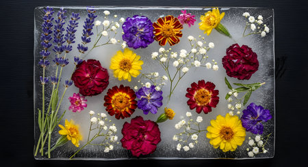 Beautiful pressed flowers lavender frozen ice block. Artistic floral arrangement clear ice.の素材