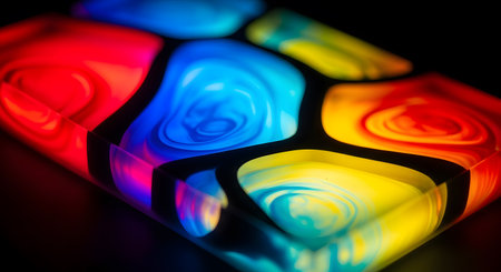 Abstract colorful swirling liquid, transparent resin block, mesmerizing dynamic vibrant artworkの素材