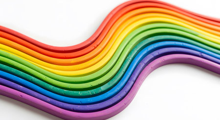 Colorful rainbow wavy clay, stripes arranged diagonally, pristine white background vibrant spectrumの素材