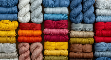 Neatly stacked colorful yarn skeins create an organized, vibrant background; various hues and textures of knitting woolの素材