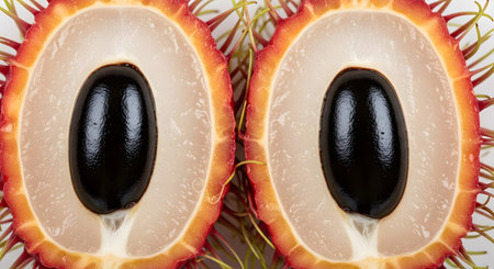 Rambutan fruit halves with exposed seeds and flesh; fresh organic foodの素材