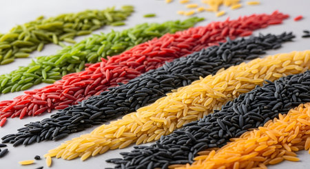 Orzo pasta in vibrant colors arranged in neat rows; colorful pasta varieties; visually appealing food display; pasta in green red black yellow orangeの素材