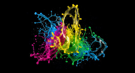 Vibrant paint splash on black background; colorful liquid burst; dynamic color explosion; artistic paint drops; modern abstract artの素材