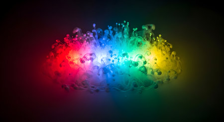 Abstract ink cloud with vibrant colors; luminous liquid art; colorful smoke on dark backdrop; fluid dynamics; creative color burstの素材