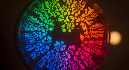 Petri dish with colorful bacteria; rainbow colonies; scientific art; microbiology culture; vibrant growth on dark backgroundの素材