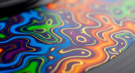 Abstract wavy pattern with colorful dyes and shimmering gold lines; artistic liquid metal effectの素材