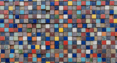 Vibrant wall made from small colorful square tiles; varying textures and depths create a dynamic mosaicの素材
