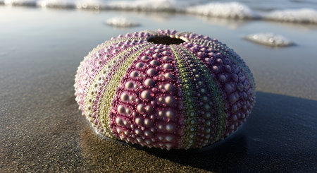 Colorful sea urchin shell washed ashore sandy beach; ocean foam backgroundの素材