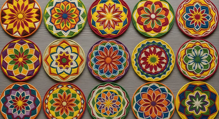 Colorful circular plates. Vibrant patterns. Intricate designs. Decorative objects.の素材