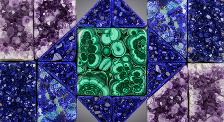 Geometric pattern. Various polished gemstones. Amethyst, azurite, malachite display. Natural mineral textures.の素材