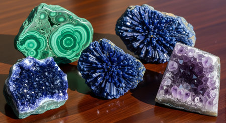 Raw geological mineral specimens. Unique formations including amethyst, azurite, malachite. Wooden surface.の素材