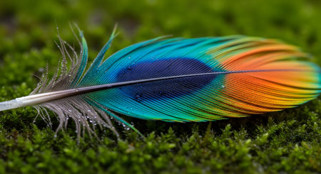 Vibrant peacock feather water drops iridescent colors lush green moss close upの素材