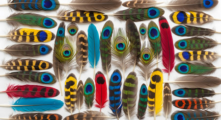 Bird feathers white background colorful plumage peacock feathers striped patternsの素材