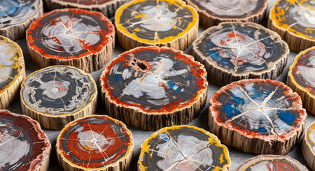 Colorful petrified wood slices. Polished mineral cross sections and fossilized tree trunks.の素材