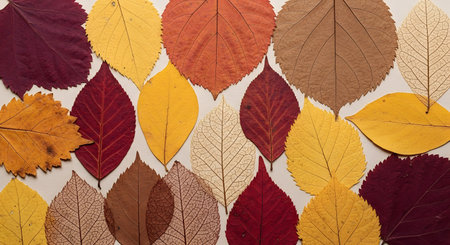 Autumn leaves assortment. Vibrant natural fall colors. Seasonal foliage flat lay design.の素材
